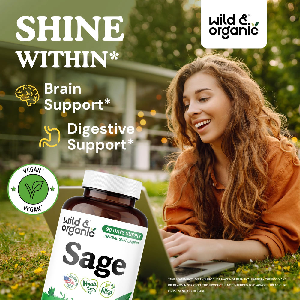 Wild & Organic sage leaves close-up highlighting natural plant source.