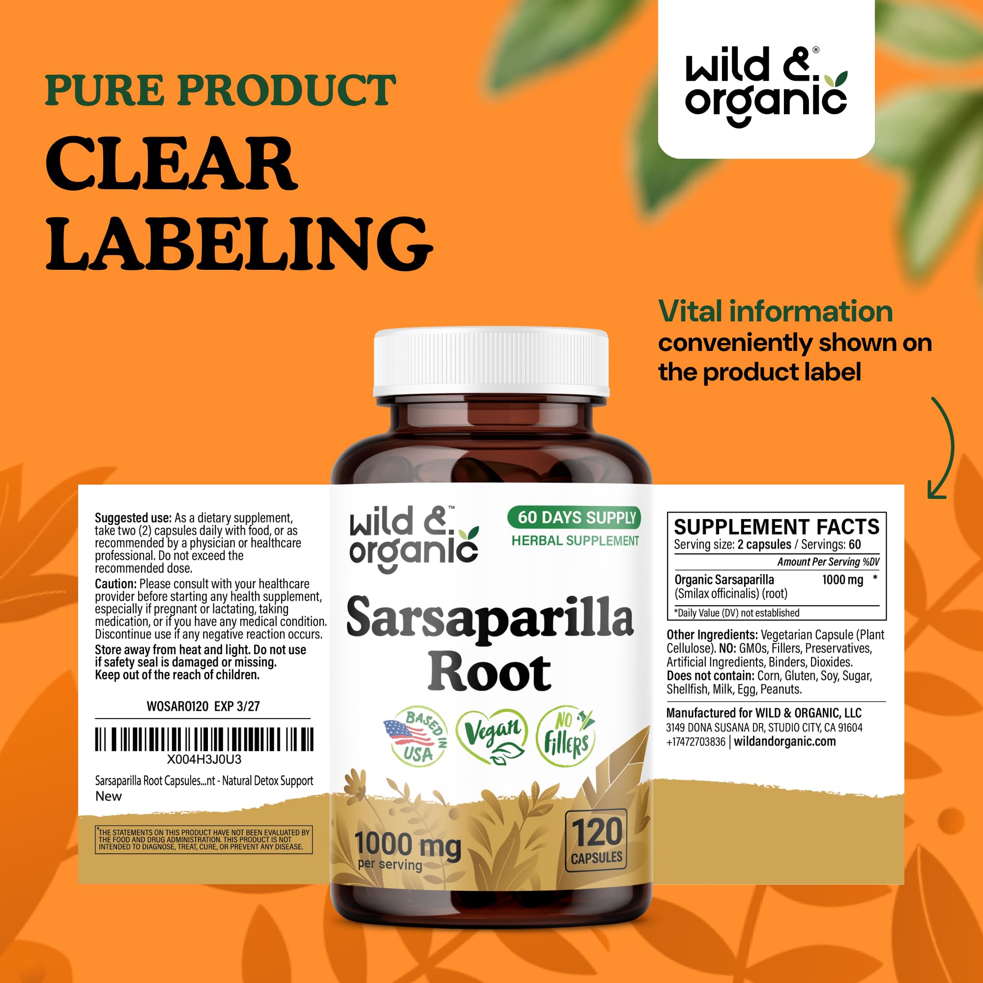 Wild & Organic sarsaparilla bottle with product label for vegan, non-GMO quality.