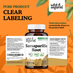 Wild & Organic sarsaparilla bottle with product label for vegan, non-GMO quality.