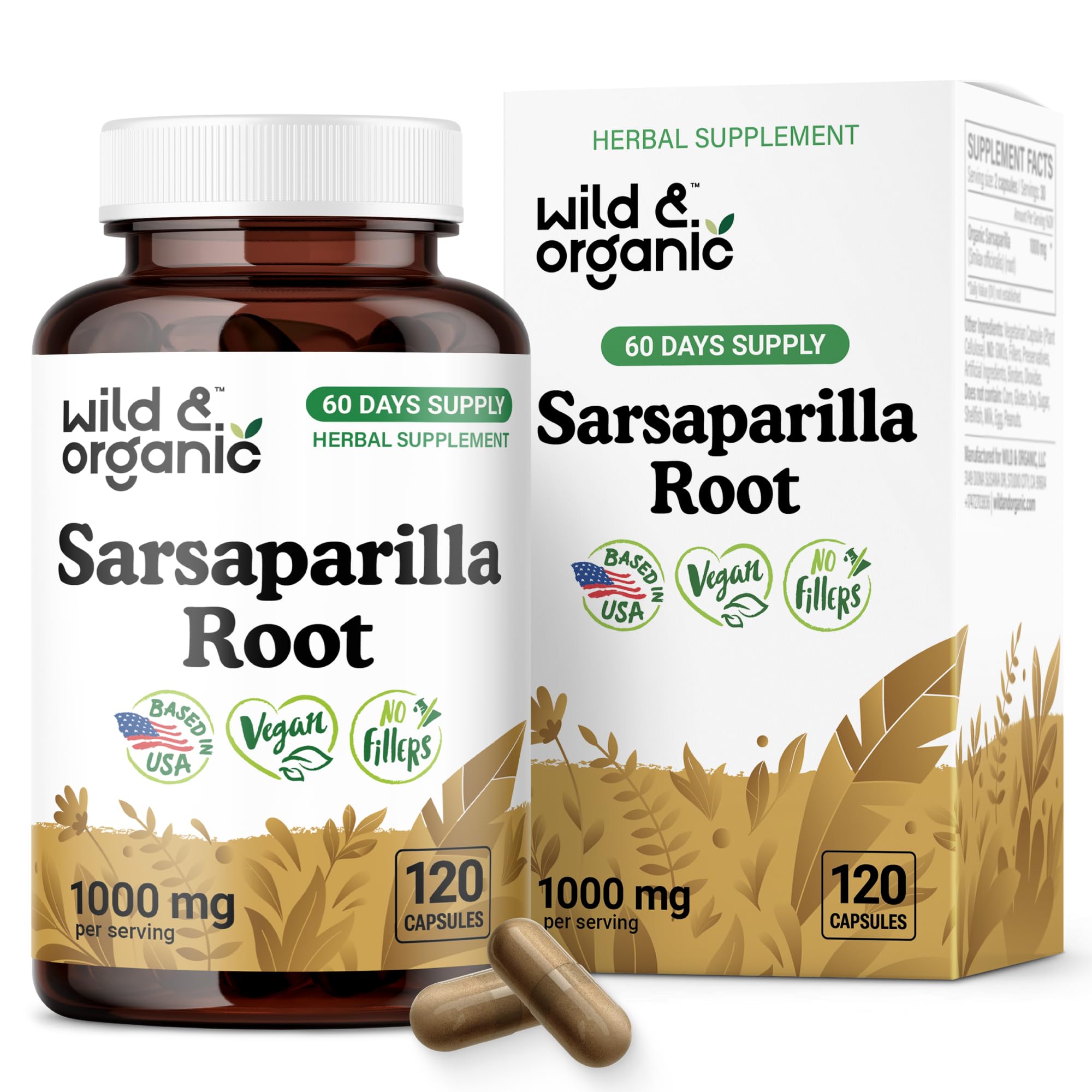 Wild & Organic sarsaparilla bottle on table highlighting 1000 mg per serving for skin support.