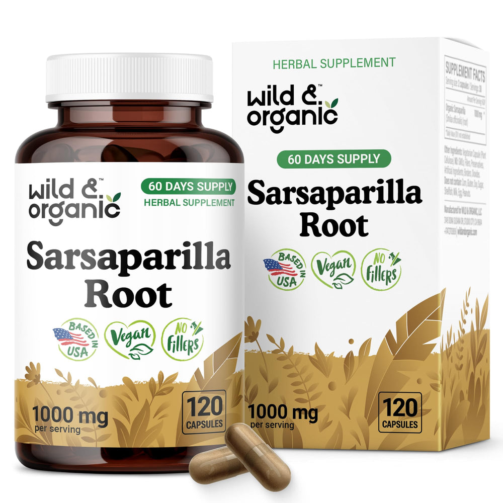 Wild & Organic sarsaparilla bottle on table highlighting 1000 mg per serving for skin support.