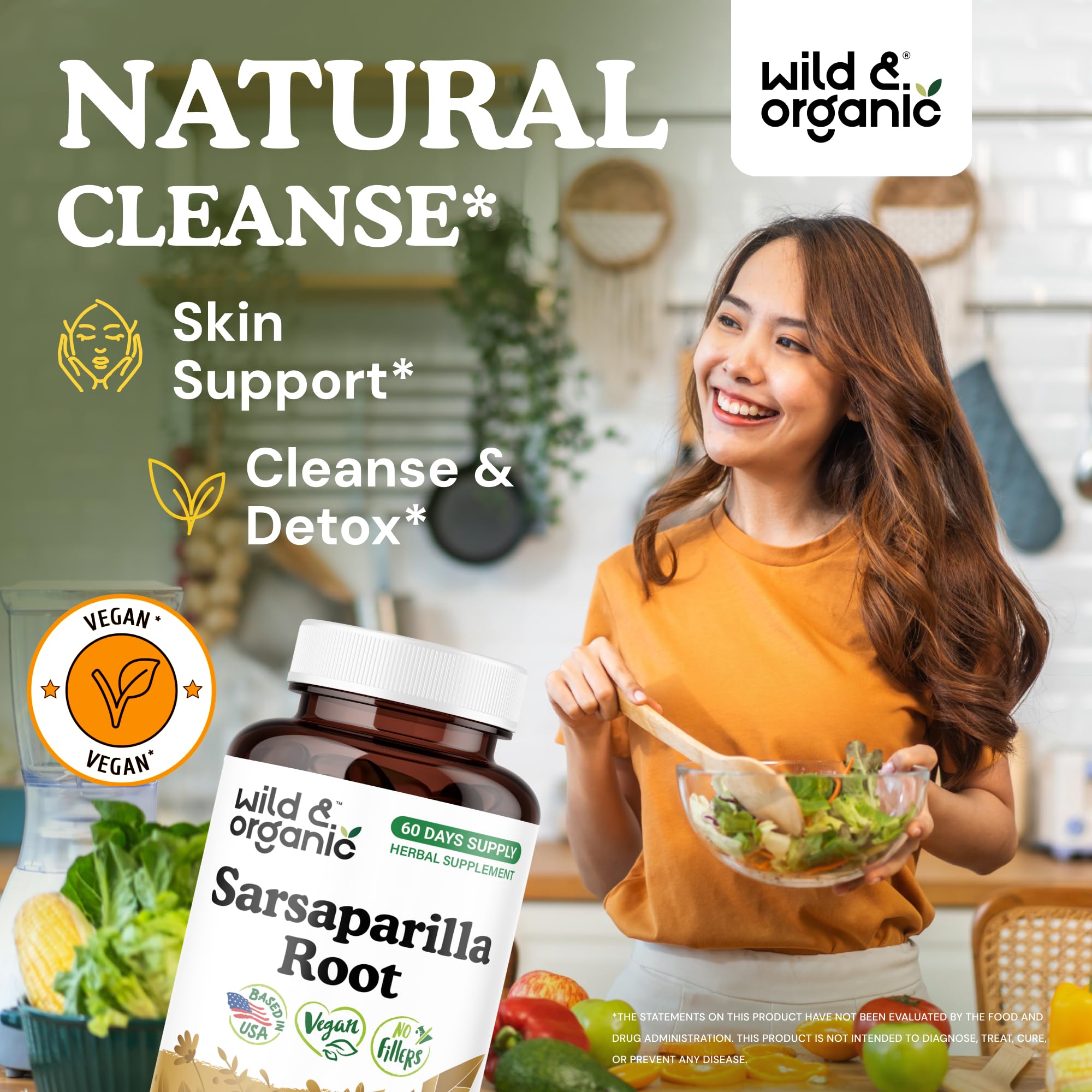 Wild & Organic sarsaparilla capsules close-up showing vegan formula and easy-to-take design.