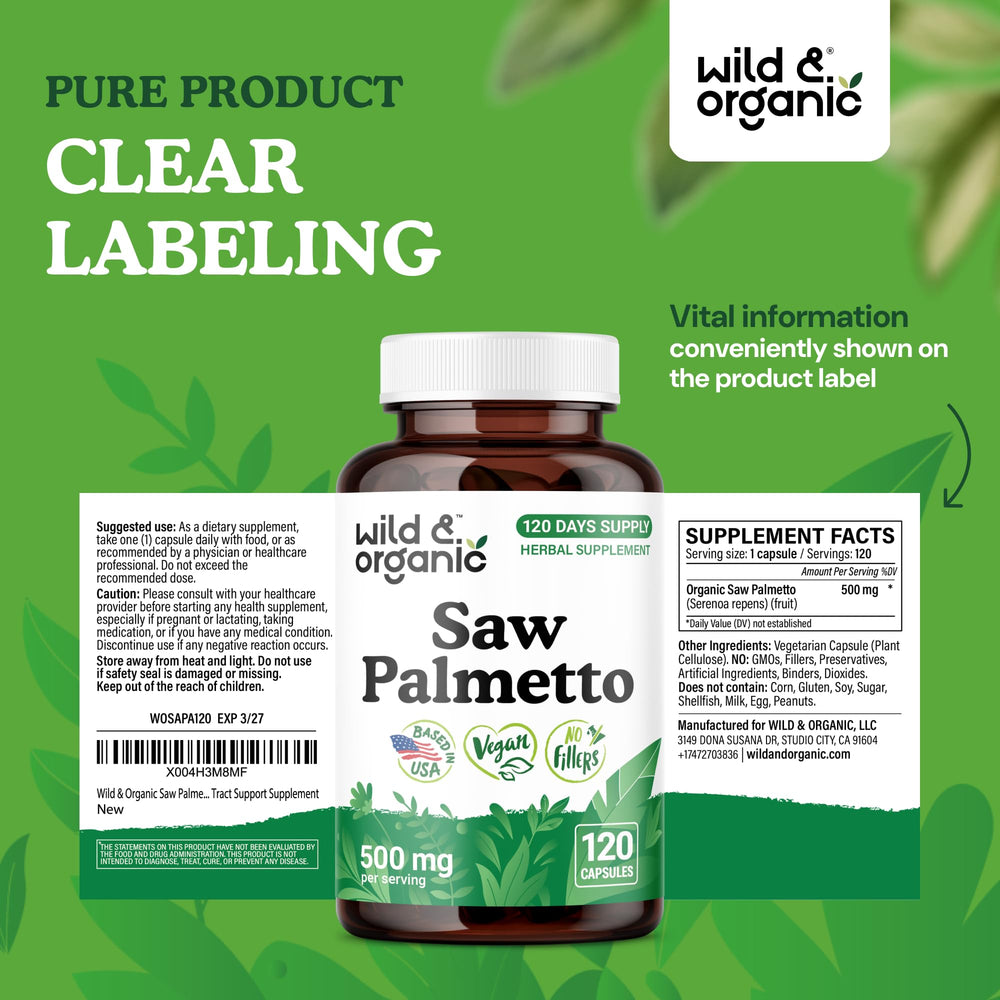 Wild & Organic Saw Palmetto bottle signaling a 120-day supply for long-term use.