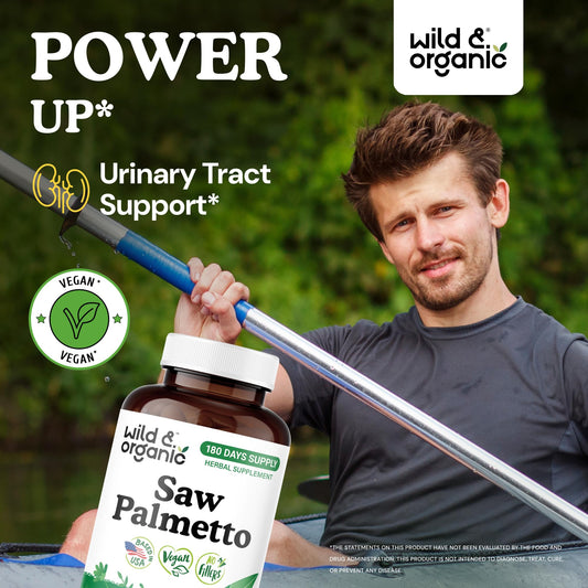 Wild & Organic saw palmetto label closeup: vegan, non-GMO formula.