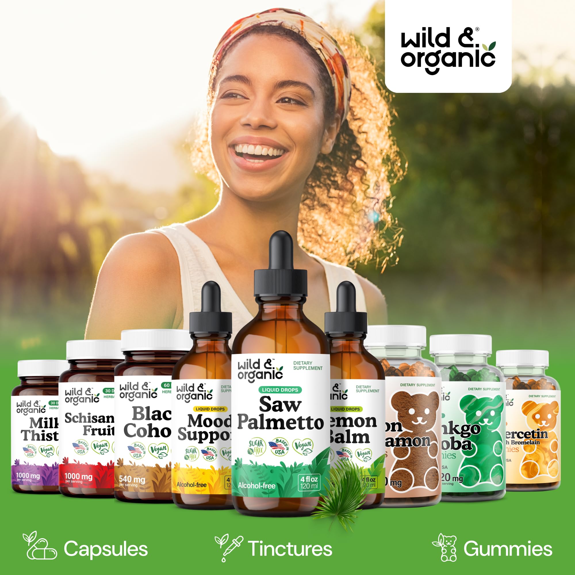 Wild & Organic Saw Palmetto drops in glass showing liquid consistency for daily routines