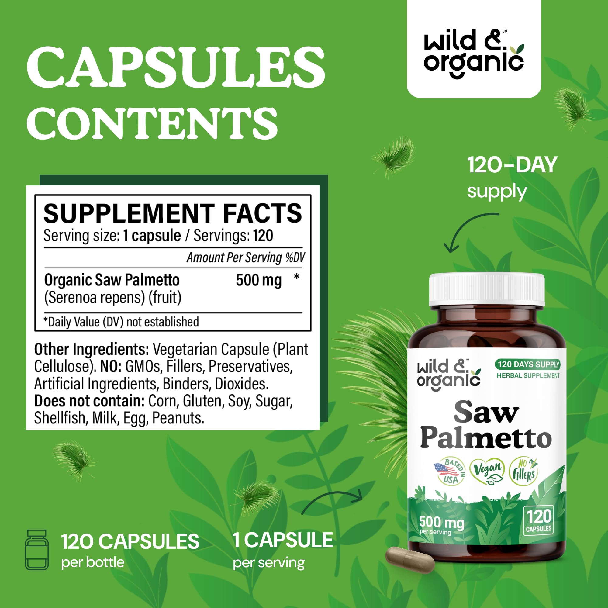 Wild & Organic Saw Palmetto label close-up highlighting vegan, non-GMO formula.