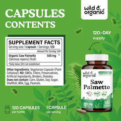 Wild & Organic Saw Palmetto label close-up highlighting vegan, non-GMO formula.