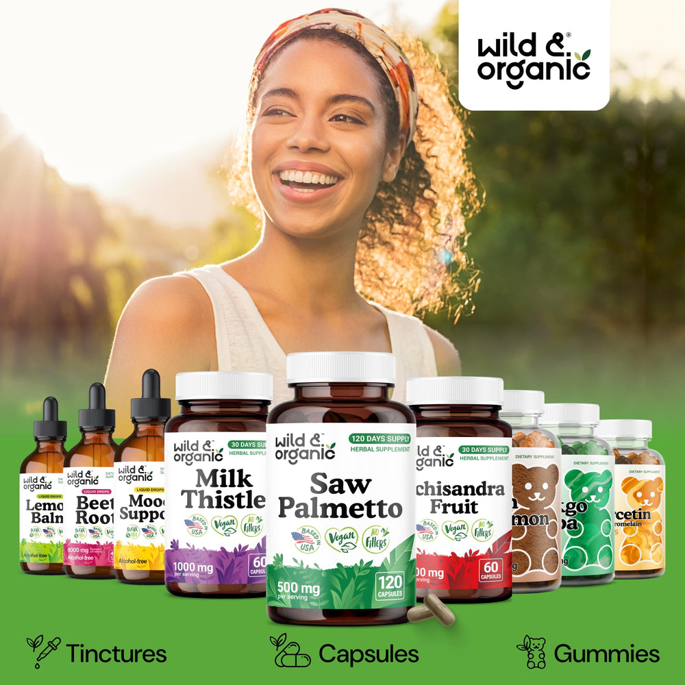 Wild & Organic Saw Palmetto plant-based coating emphasizing vegan capsule.