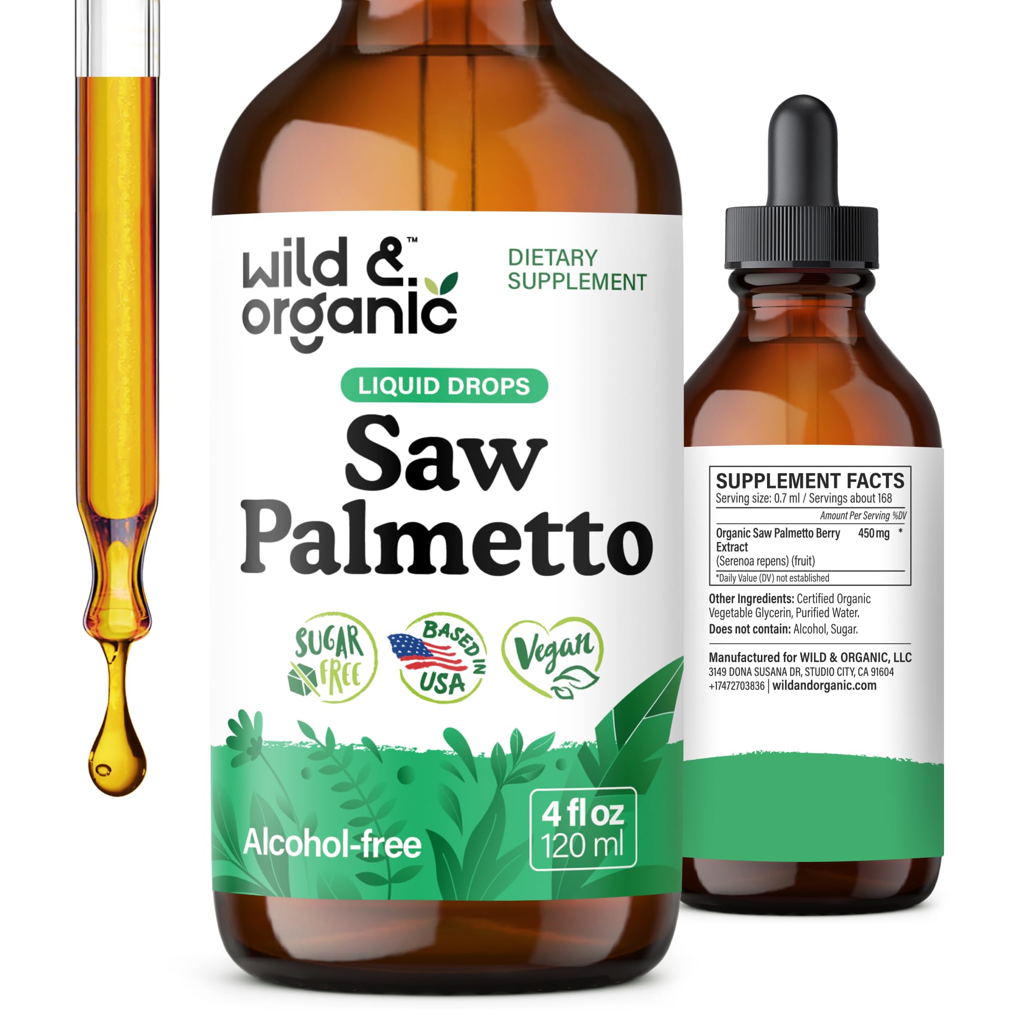 Wild & Organic Saw Palmetto tincture bottle pour for easy daily urinary support