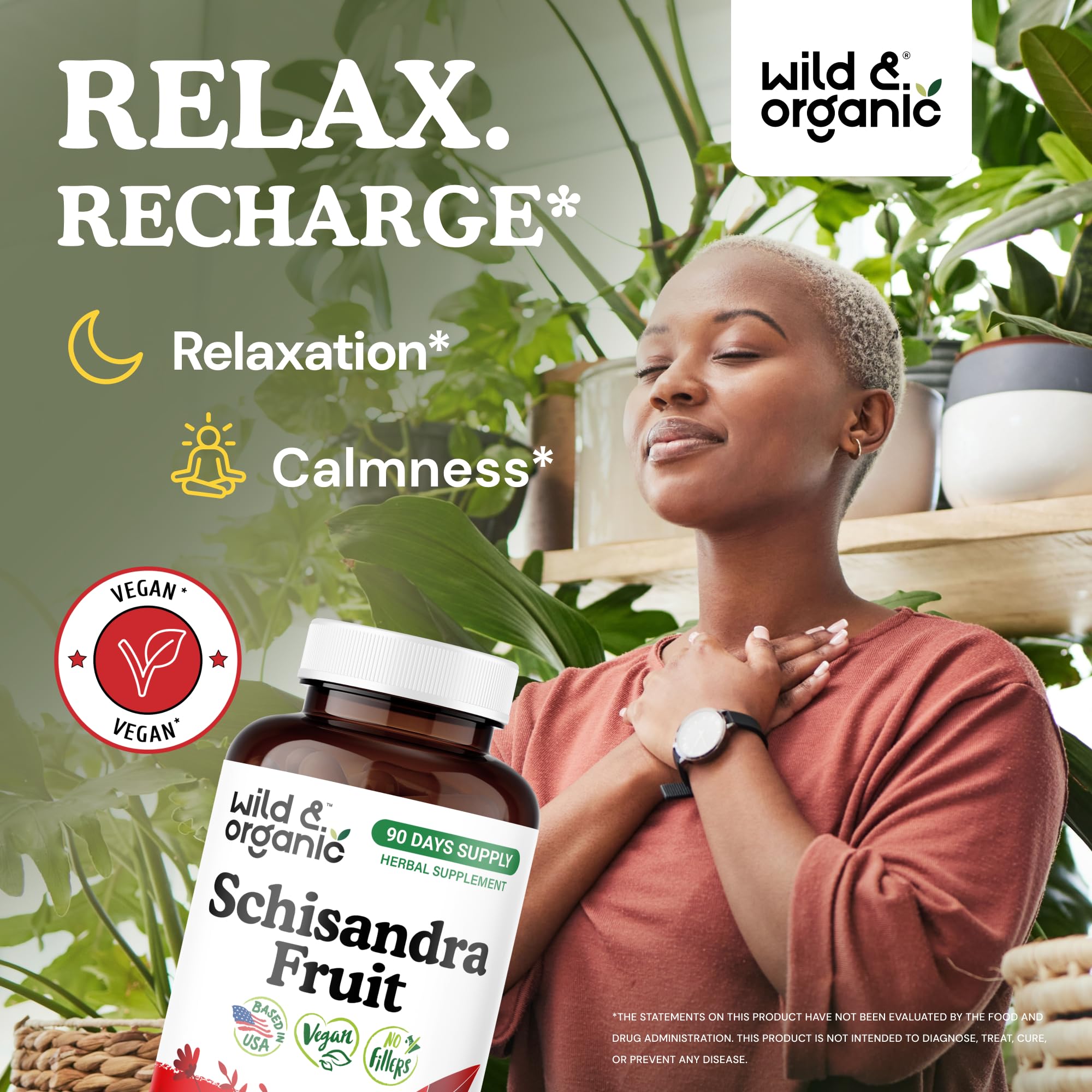 Wild & Organic Schisandra capsules closeup highlighting vegan capsules