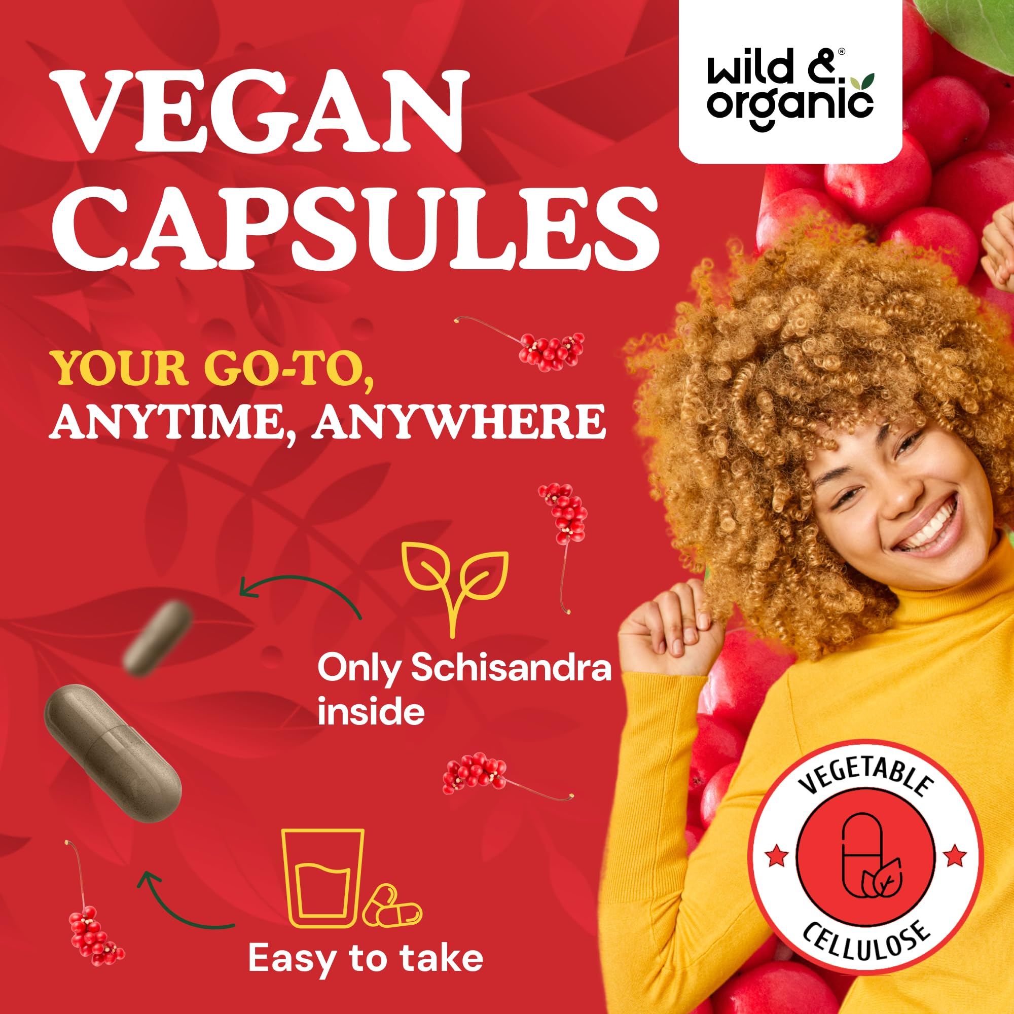 Wild & Organic Schisandra pour showing easy-to-take capsule administration
