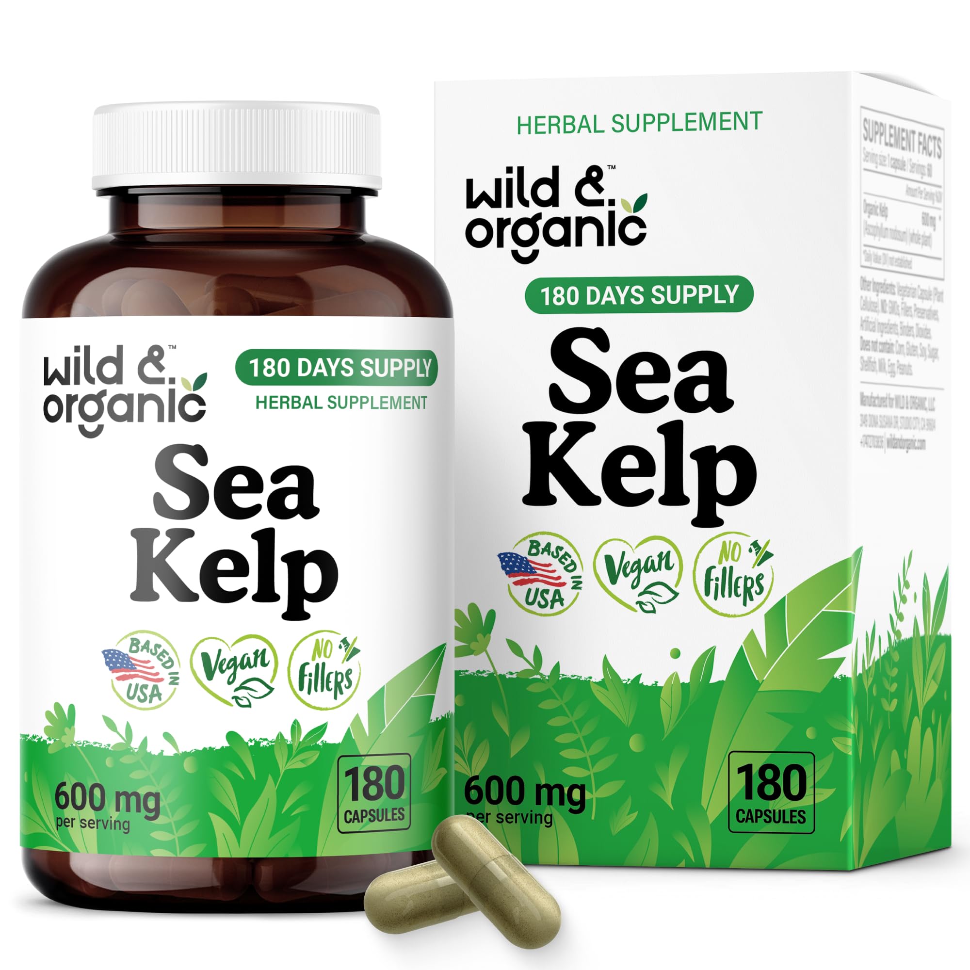 Wild & Organic Sea Kelp Capsules bottle front view for daily routine.