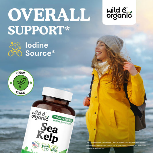 Wild & Organic Sea Kelp Capsules bottle side view showing label.