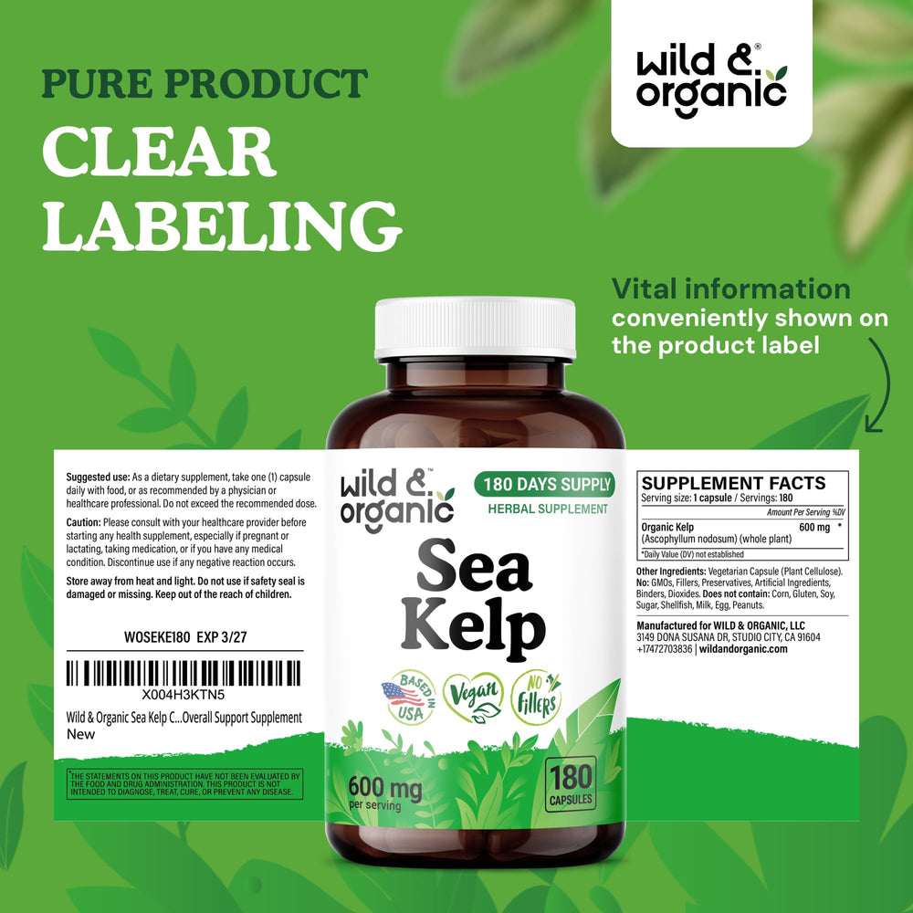 Wild & Organic Sea Kelp Capsules shelf display for everyday use.