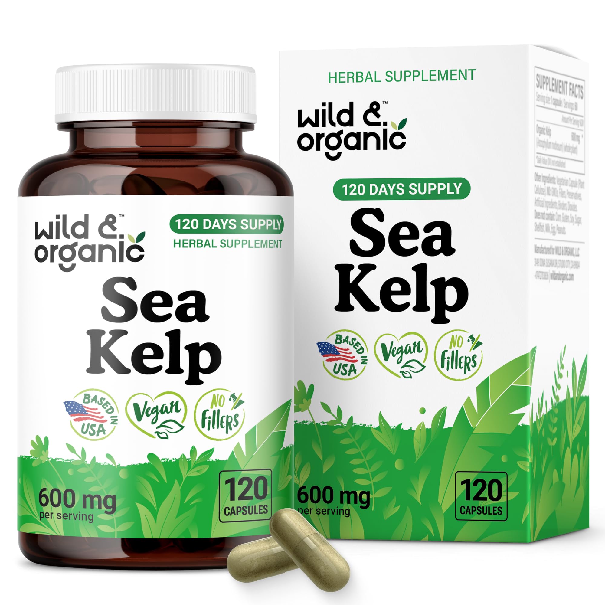 Wild & Organic Sea Kelp Capsules bottle showing 600 mg strength for overall wellness