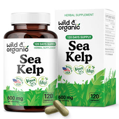 Wild & Organic Sea Kelp Capsules bottle showing 600 mg strength for overall wellness