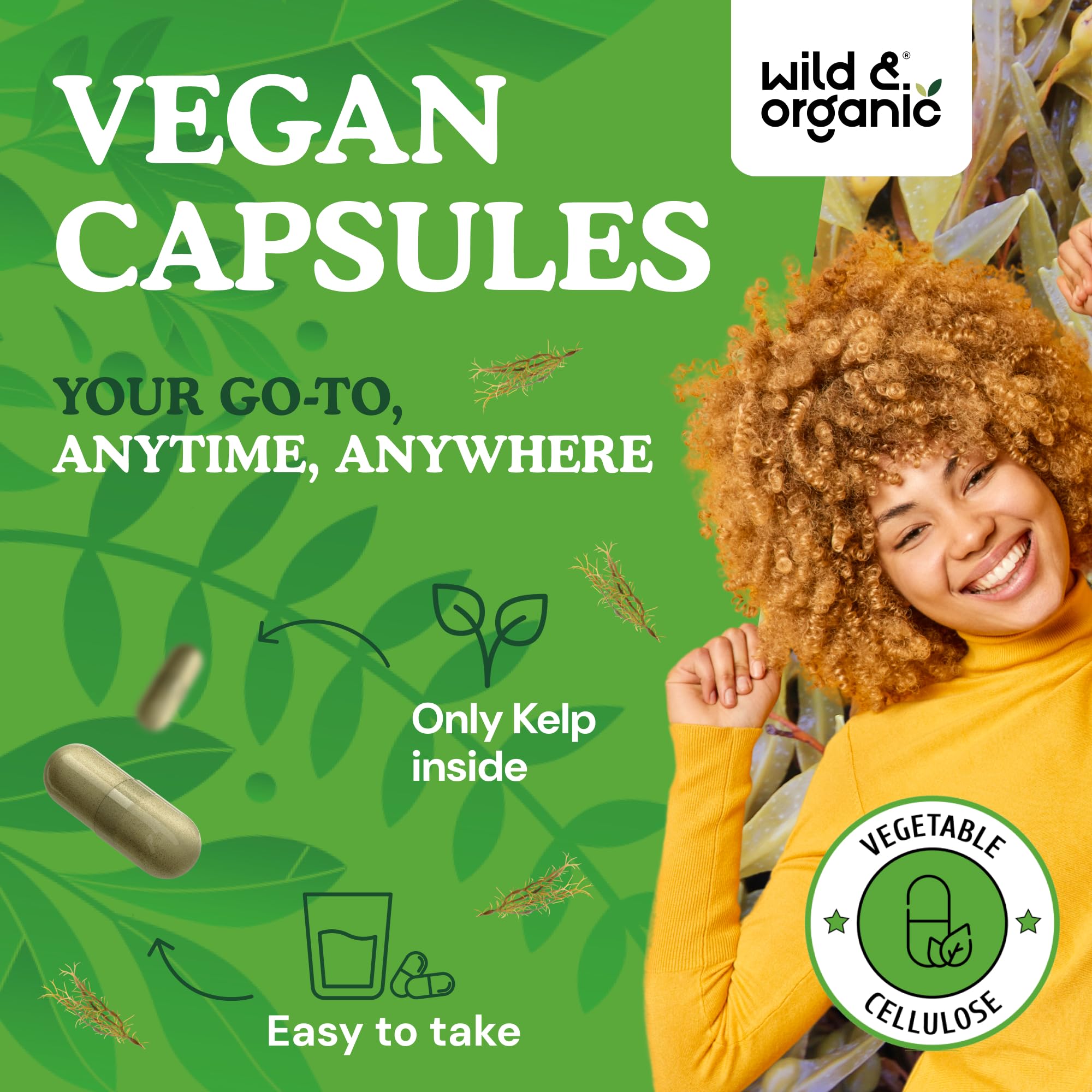 Wild & Organic Sea Kelp Capsules being poured to show easy-to-swallow design
