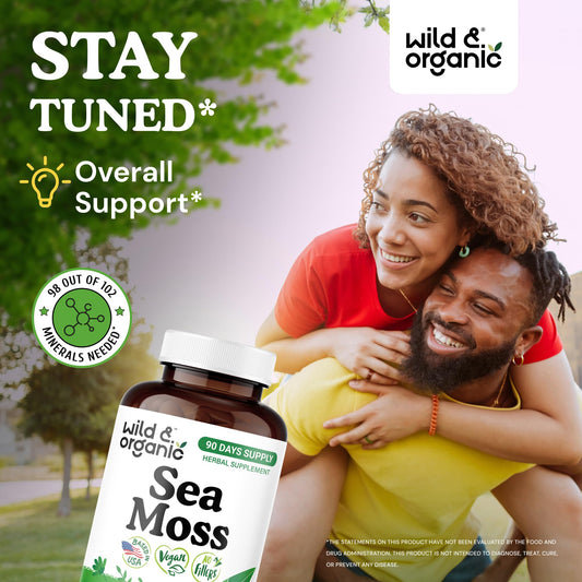 Wild & Organic Sea Moss Capsules packaging highlights vegan, GMO free formula