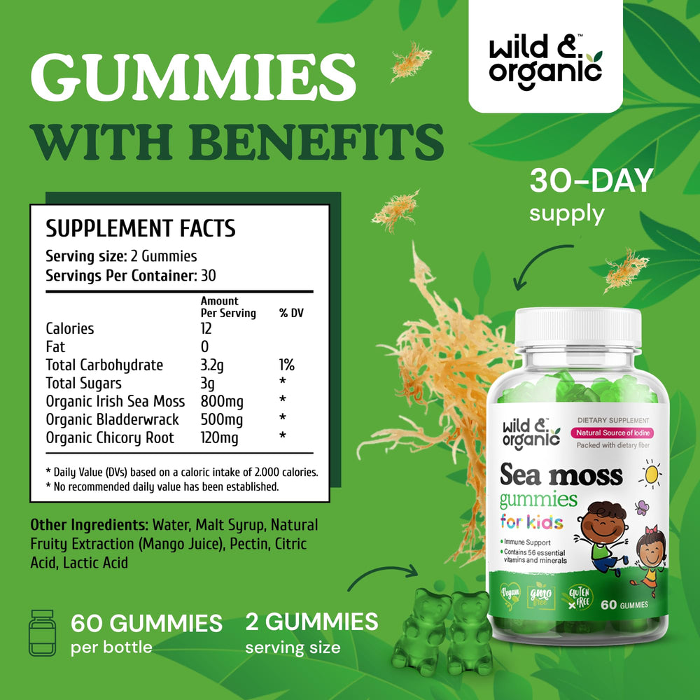 Wild & Organic Sea Moss Gummies Kids mango flavor closeup promotes enjoyable daily use