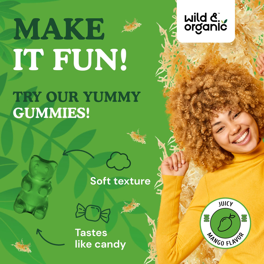 Wild & Organic Sea Moss Gummies Kids pectin-base closeup emphasizes soft texture for easy chewing