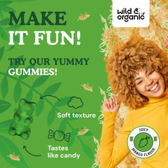 Wild & Organic Sea Moss Gummies Kids pectin-base closeup emphasizes soft texture for easy chewing