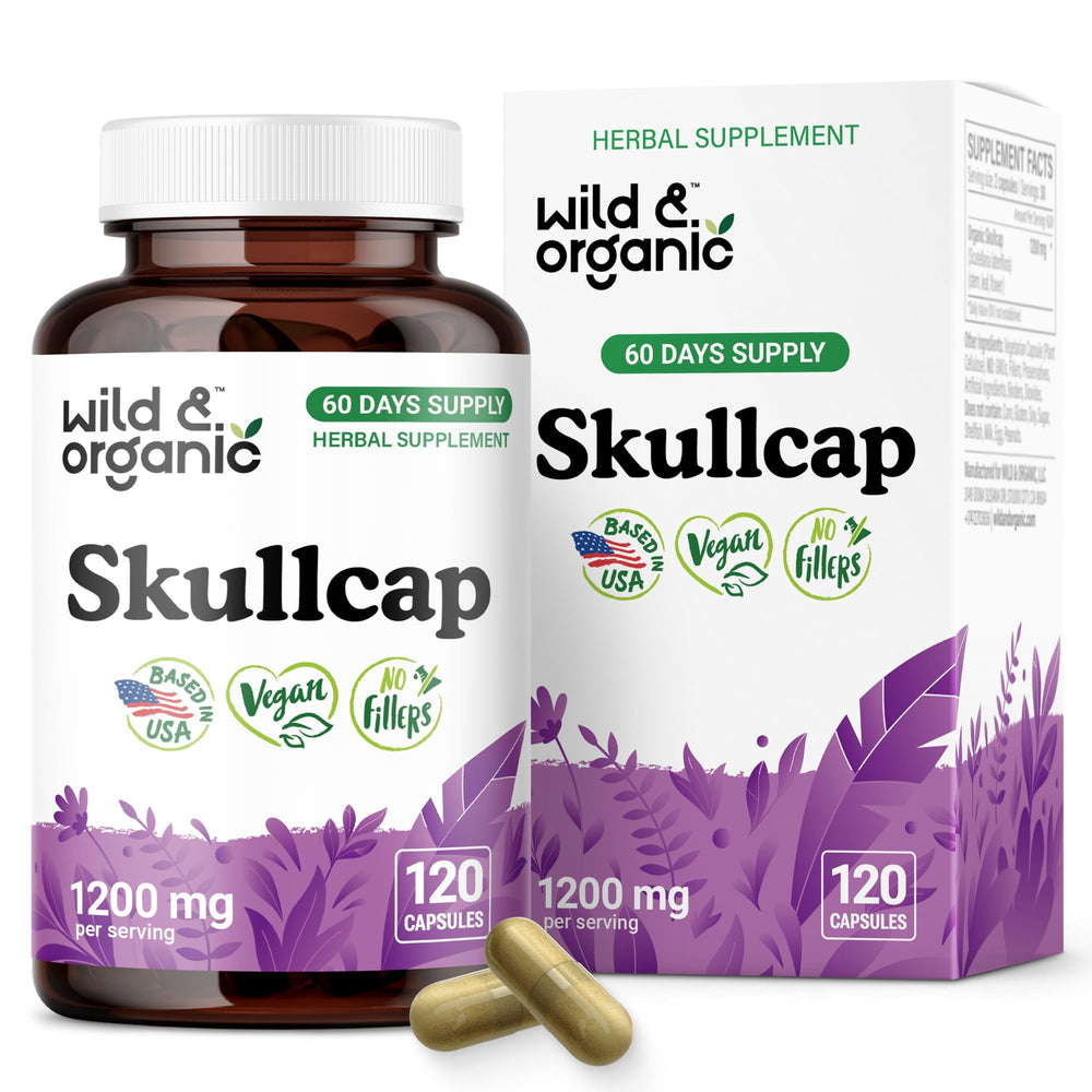 Wild and Organic skullcap 1200mg bottle close-up for relaxation support.