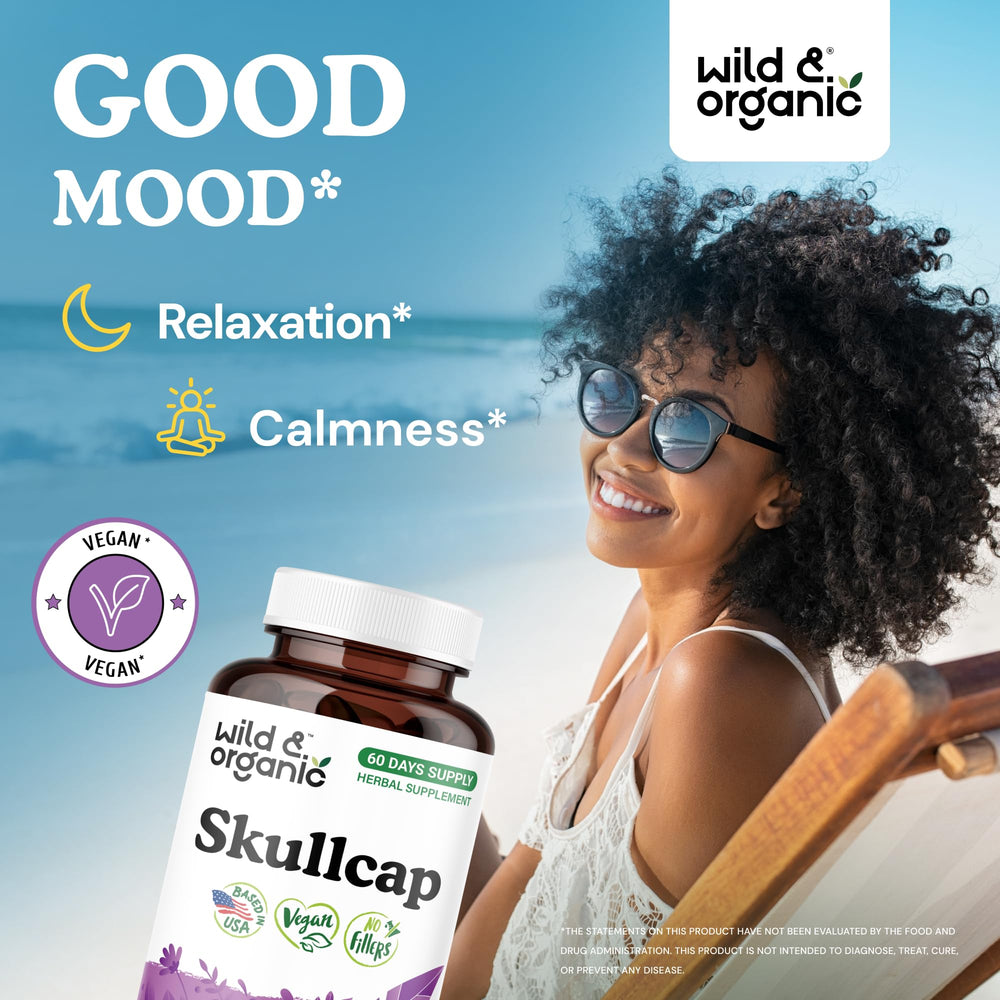 Wild and Organic skullcap capsules packaging front highlights vegan, non-GMO formula.