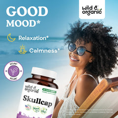Wild and Organic skullcap capsules packaging front highlights vegan, non-GMO formula.