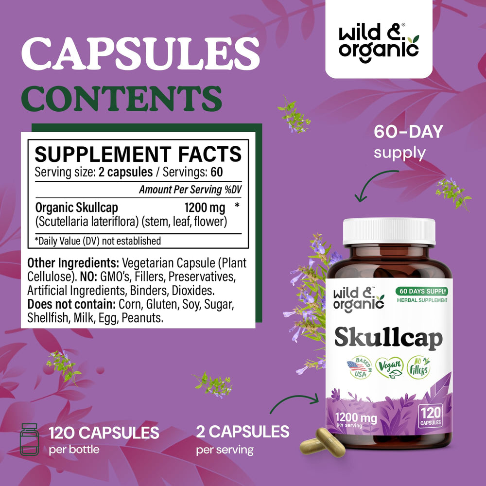 Wild and Organic skullcap capsules poured out show easy-to-take design.