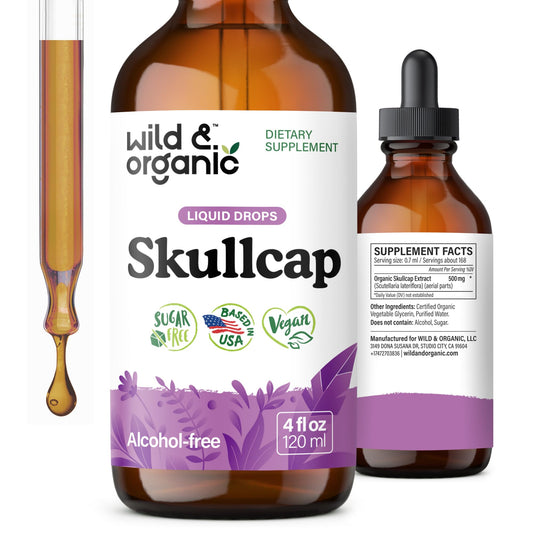 Wild & Organic Skullcap Tincture bottle for mood support and relaxation