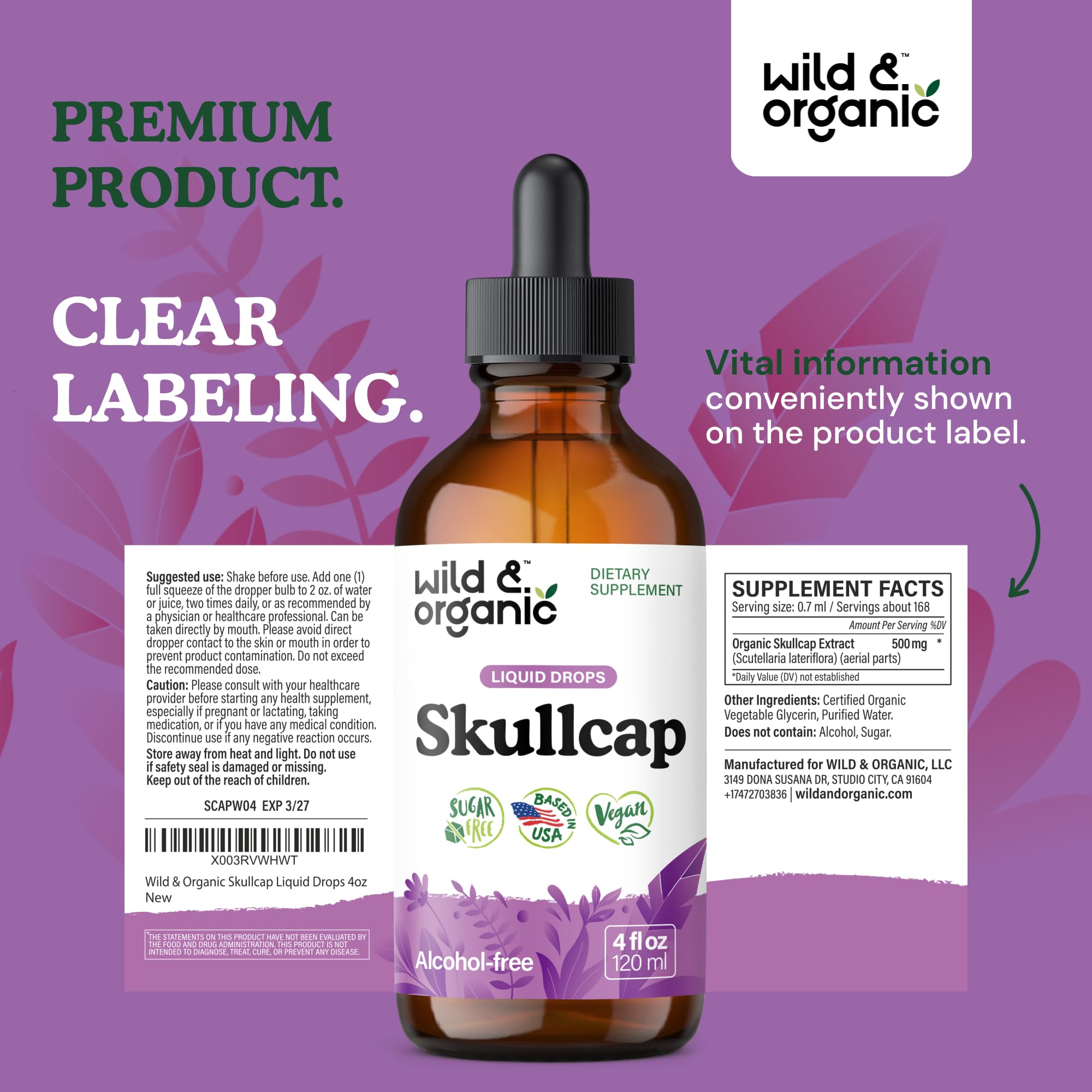 Bottle of Wild & Organic skullcap tincture for easy daily use