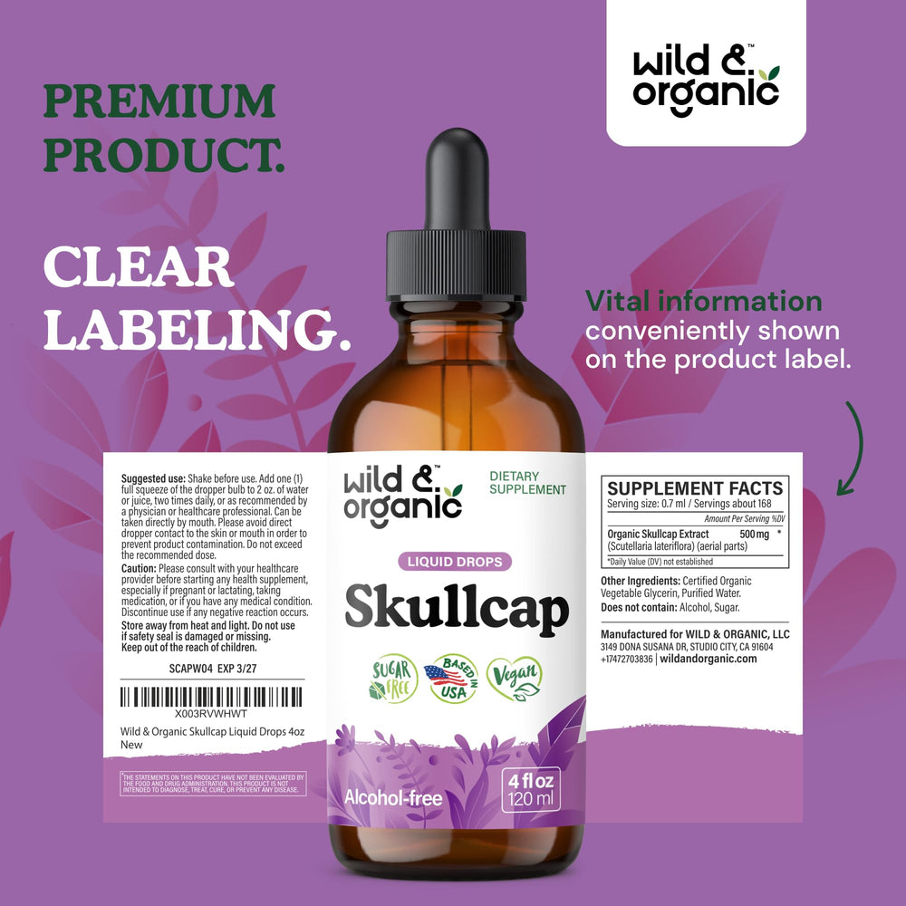 Bottle of Wild & Organic skullcap tincture for easy daily use