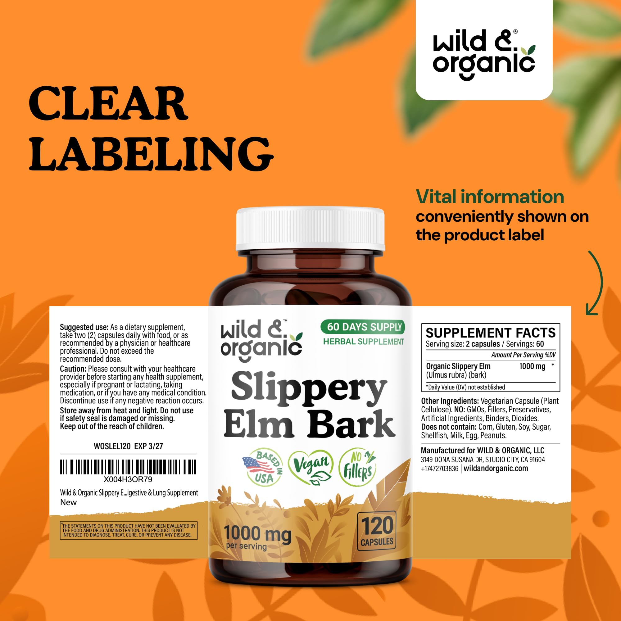 Wild & Organic Slippery Elm Bark Capsules product shot highlights 60-day supply and vegan-friendly formula.