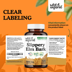 Wild & Organic Slippery Elm Bark Capsules product shot highlights 60-day supply and vegan-friendly formula.