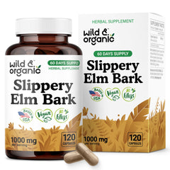 Wild & Organic Slippery Elm Bark Capsules bottle front shows a 60-day supply for digestive comfort.