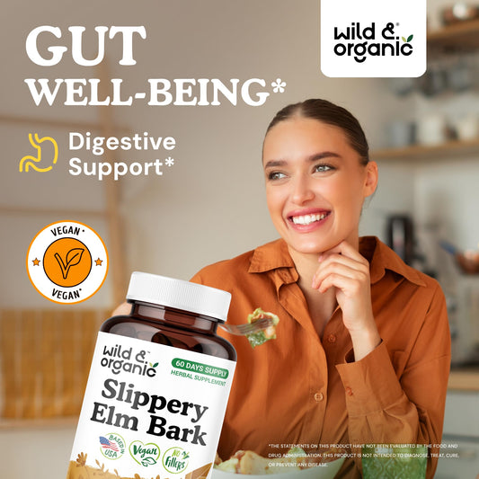 Wild & Organic Slippery Elm Bark Capsules closeup highlights vegan coating and clean ingredients for everyday wellness.