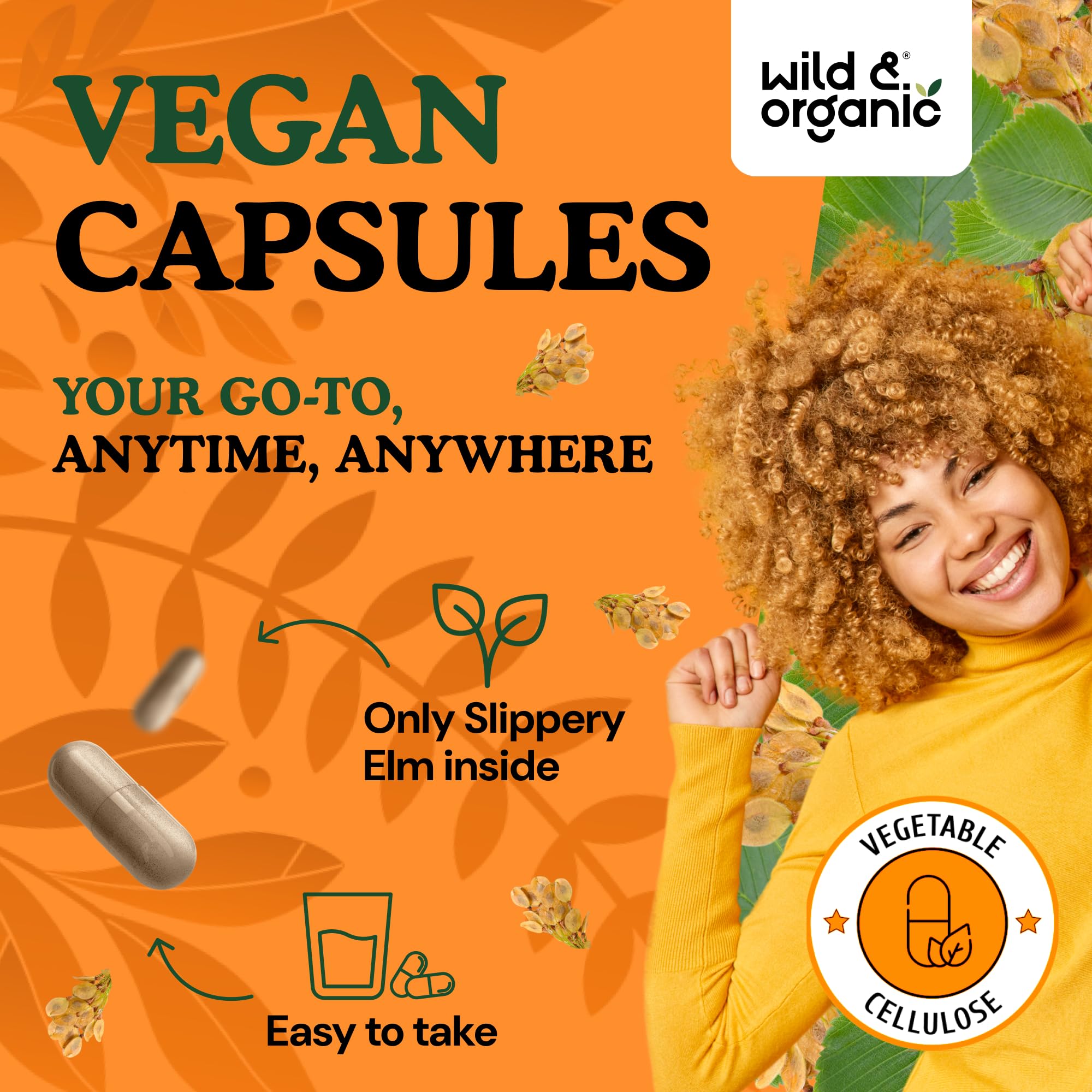 Wild & Organic Slippery Elm Bark Capsules bottle label under natural light communicates 120 capsules for 60-day plan.