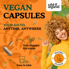 Wild & Organic Slippery Elm Bark Capsules bottle label under natural light communicates 120 capsules for 60-day plan.