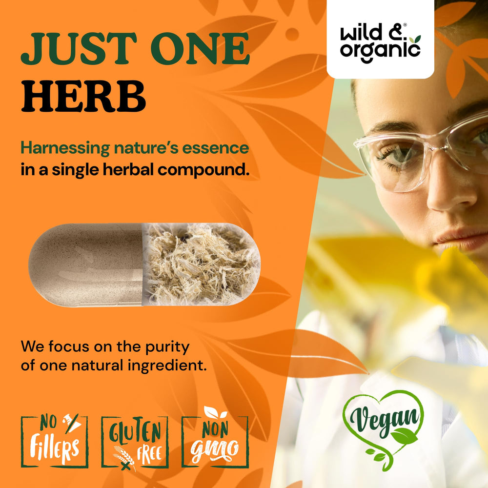 Wild & Organic Slippery Elm Bark Capsules package artwork conveys plant-based wellness with no fillers.