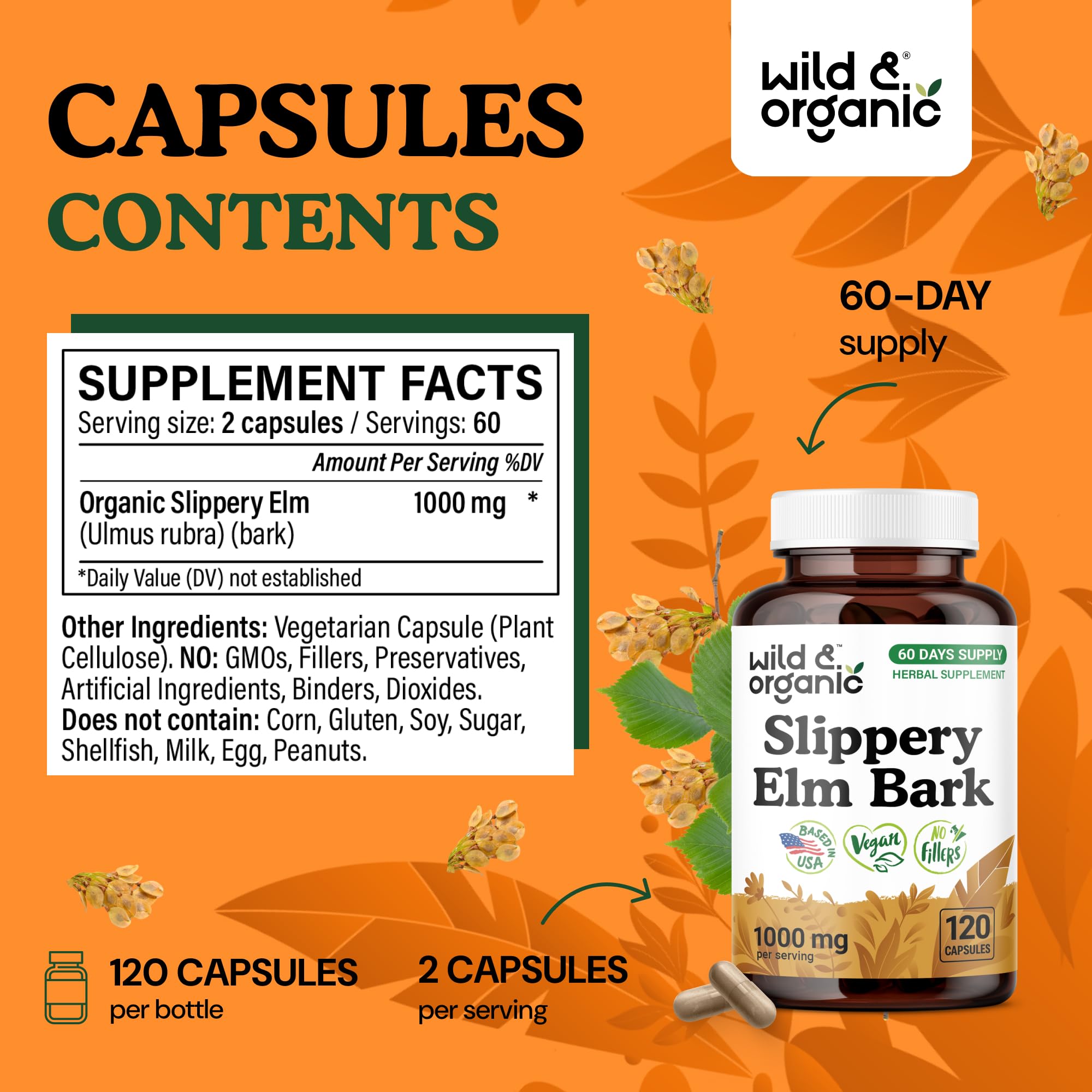 Wild & Organic Slippery Elm Bark Capsules vegan coating emphasizes plant-based formula for easy daily use.