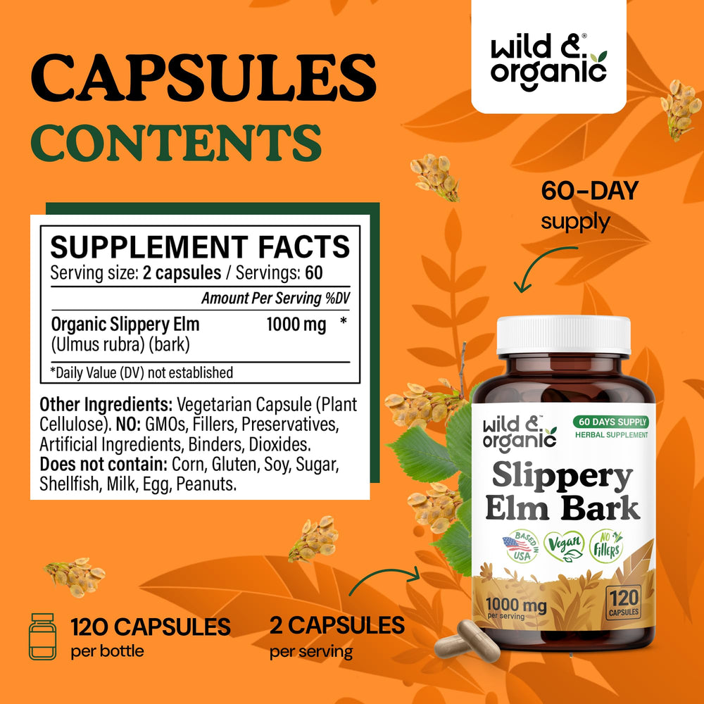 Wild & Organic Slippery Elm Bark Capsules vegan coating emphasizes plant-based formula for easy daily use.