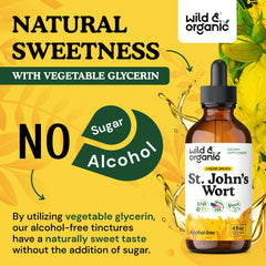 Close-up of St Johns Wort herbs within tincture bottle.