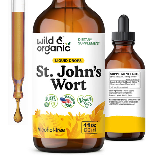 Wild & Organic St Johns Wort tincture bottle supports mood.