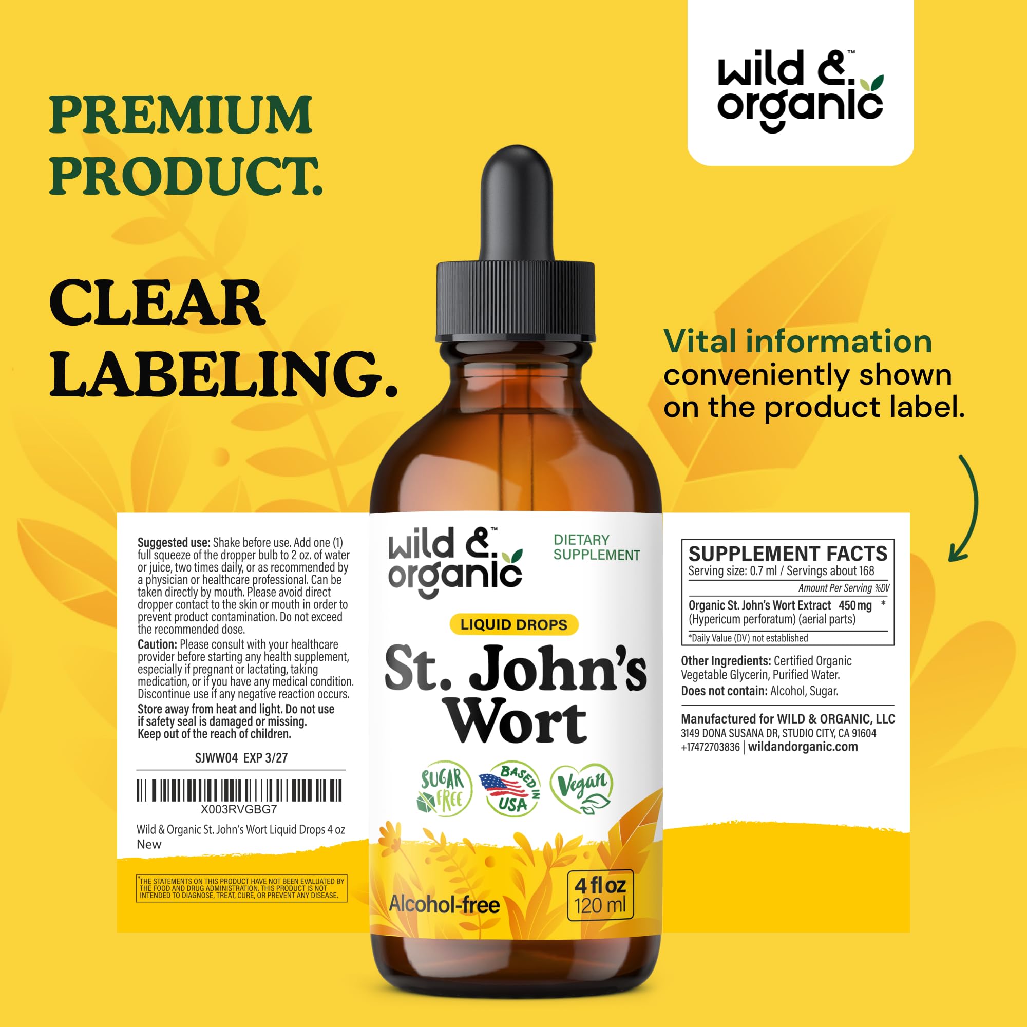 Wild & Organic St Johns Wort tincture bottle ready for daily mood support.