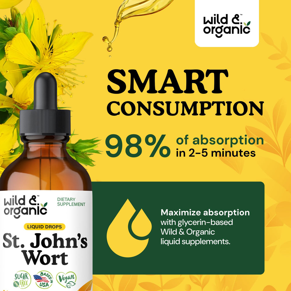 Wild & Organic St Johns Wort tincture dropper beside calm mood illustration.