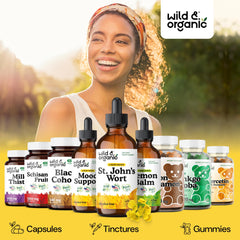 Wild & Organic St Johns Wort graphic highlights alcohol-free base.