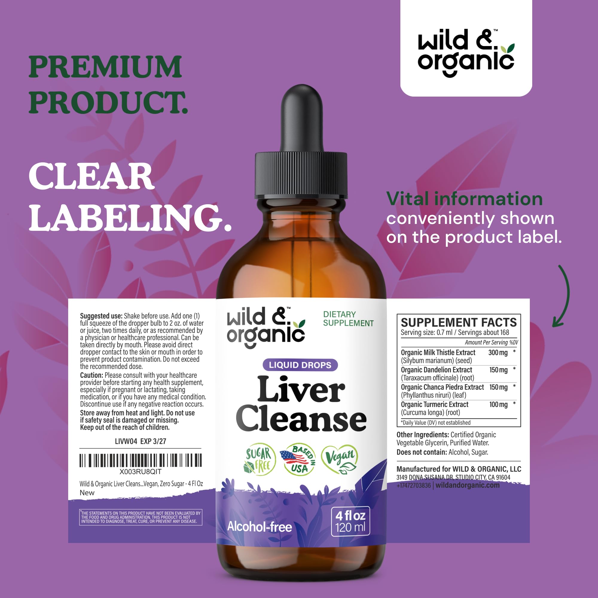 Wild & Organic dropper bottle with vegan label for daily dosing