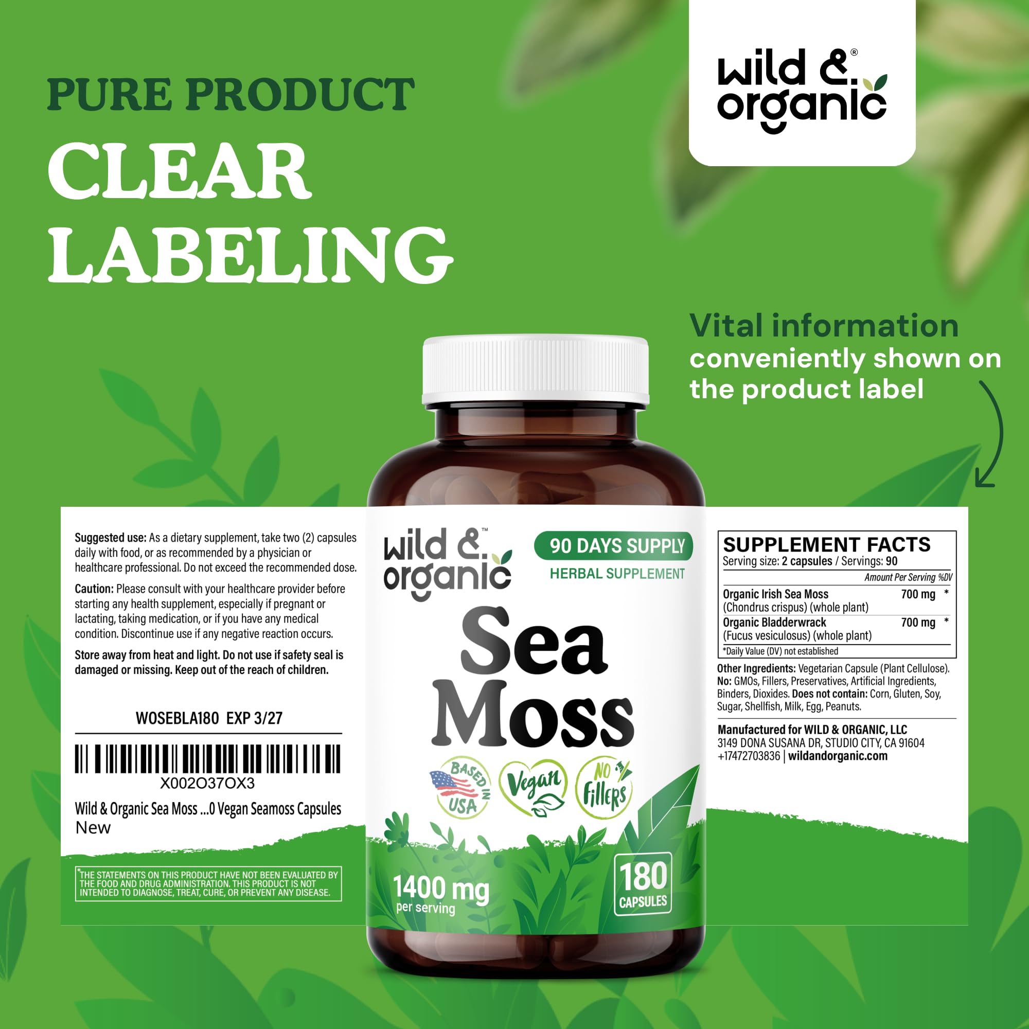 Wild & Organic Sea Moss Capsules bottle placed in a kitchen for routine use