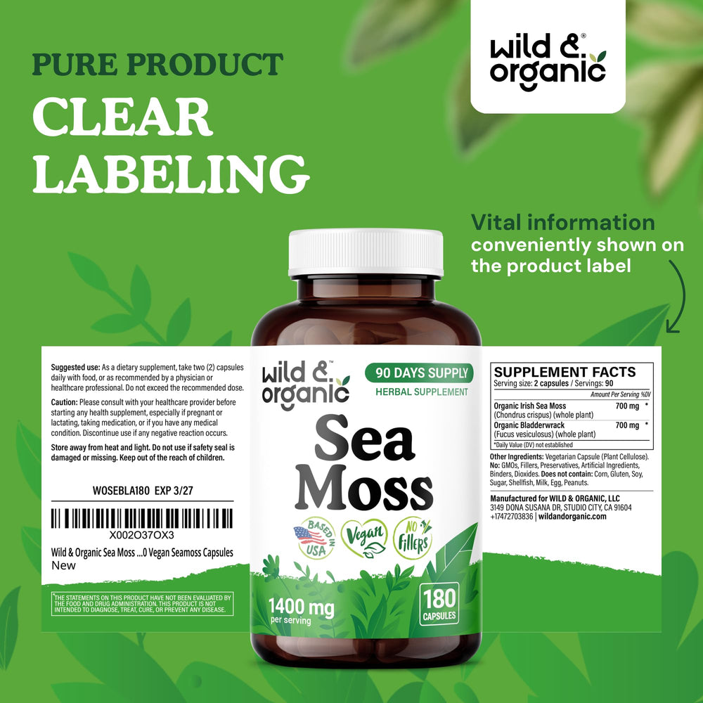 Wild & Organic Sea Moss Capsules bottle placed in a kitchen for routine use