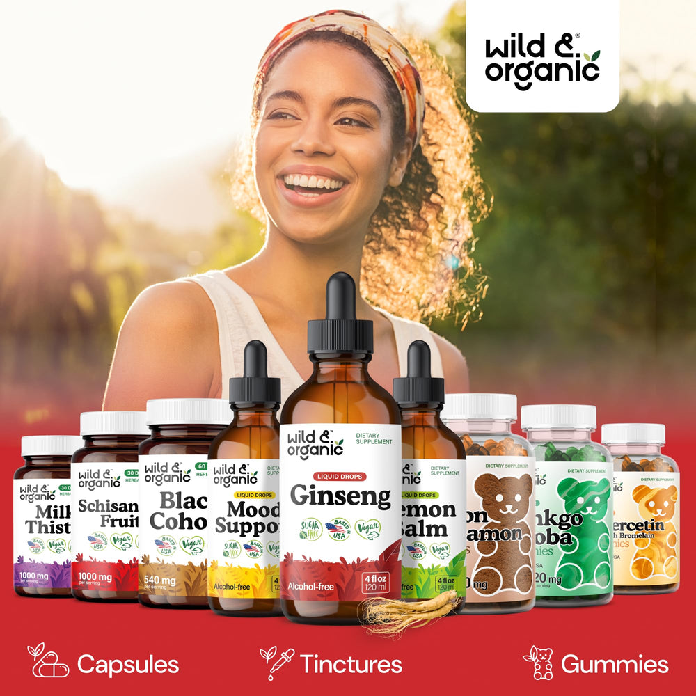Wild & Organic transparent tincture bottle with easy-to-dose drops.